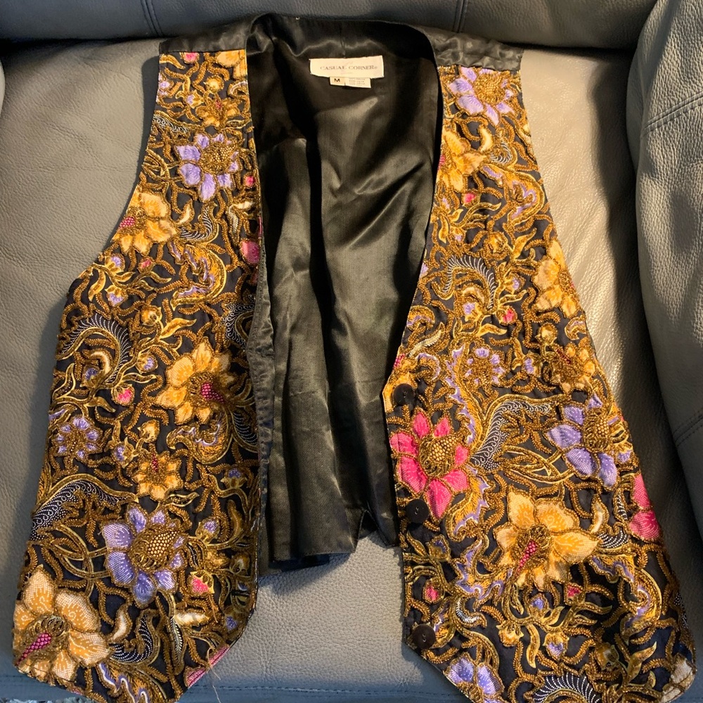 Casual Corner Black Vest with Gold and Purple Floral Design